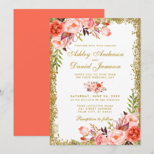 Moderner Coral Floral Wedding Gold Glitzer Einladung