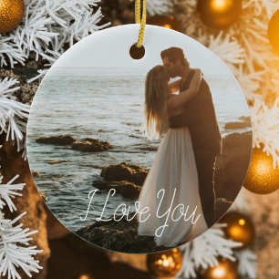Moderner Couple Foto Anniversary Script Holiday Keramik Ornament