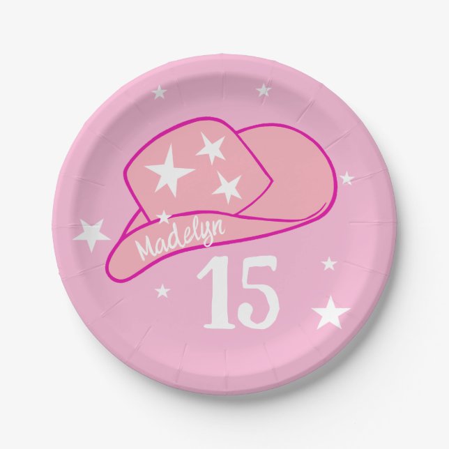 Moderner Cowgirl Western Hat Pink Girl 15. Geburts Pappteller (Vorderseite)