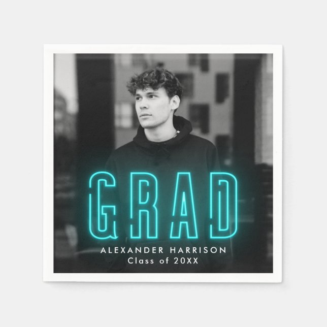 Moderner Cyan Neon Foto Abschluss Serviette (Vorderseite)