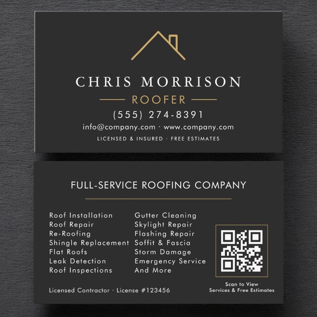 Moderner Dachdecker Schwarz-Gold-QR-Code Visitenkarte (Von Creator hochgeladen)