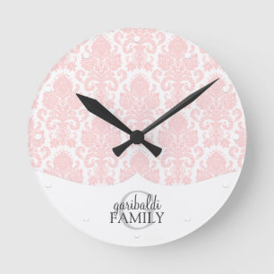 Moderner Damast-rosa Familie personalisiert Runde Wanduhr