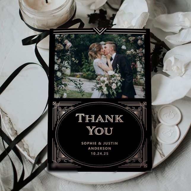 Moderner Deko Black | Danke, dass Sie Card Rose Go Folieneinladung (A glamorous, vintage art deco style wedding thank you card with rose gold foil on black, with photos)