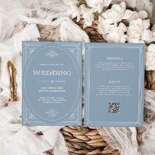 Moderner Deko Dusty Blue All in One QR Code Weddin Einladung