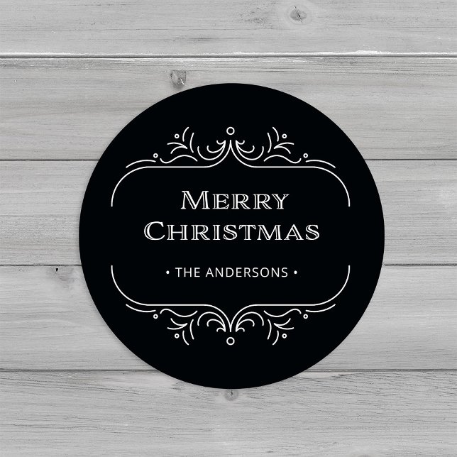 Moderner Deko | Elegant Black Merry Christmas Runder Aufkleber (An elegant, back art deco style Christmas sticker)