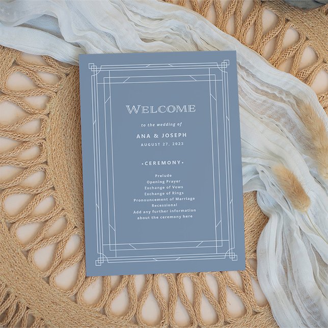 Moderner Deko | Elegant Dusty Blue and White Weddi Programm (An elegant, classic art deco style wedding program in dusty blue and white)