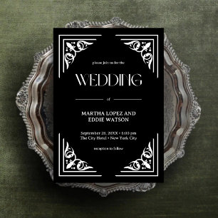 Moderner Deko Elegant Onyx Black and White Weddi Einladung