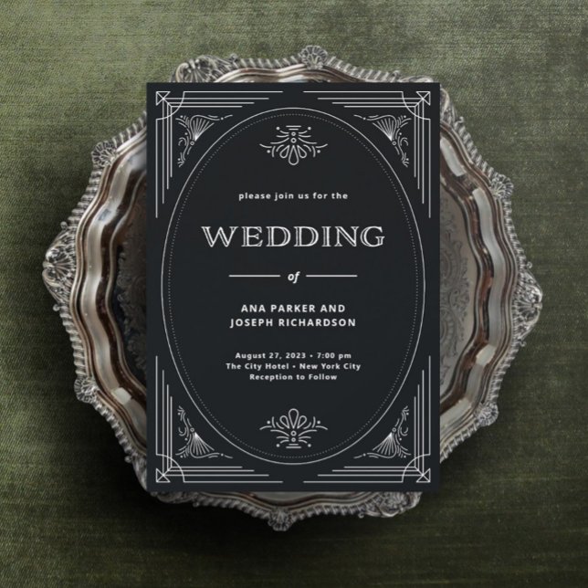 Moderner Deko | Elegant Onyx Black and White Weddi Einladung (An elegant and dark art deco wedding invitation, perfect if black is one of your wedding colors.)