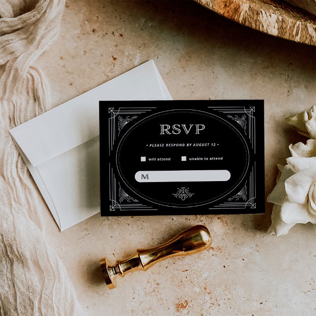 Moderner Deko | Elegant Onyx Black and White Weddi RSVP Karte (Von Creator hochgeladen)