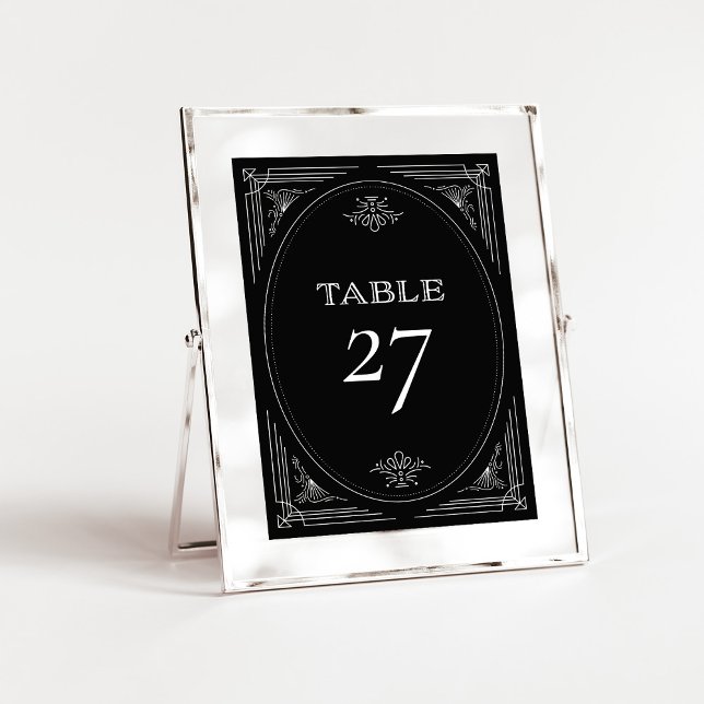 Moderner Deko | Elegant Onyx Black and White Weddi Tischnummer (An elegant, art deco style wedding table number in dark onyx black and white)