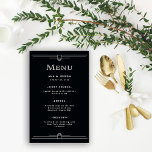 Moderner Deko | Elegant Onyx Black Wedding Menu Flyer<br><div class="desc">Dieses glamouröse Hochzeitsmenü besticht durch eine moderne Besetzung des klassischen Deko. Verzierte,  weiße geometrische Rahmen und Ornamente schmücken einen eleganten dunkelonyx schwarzen Hintergrund für ein dramatisches,  Vintages Dinner-Menü aus den 20er Jahren.</div>