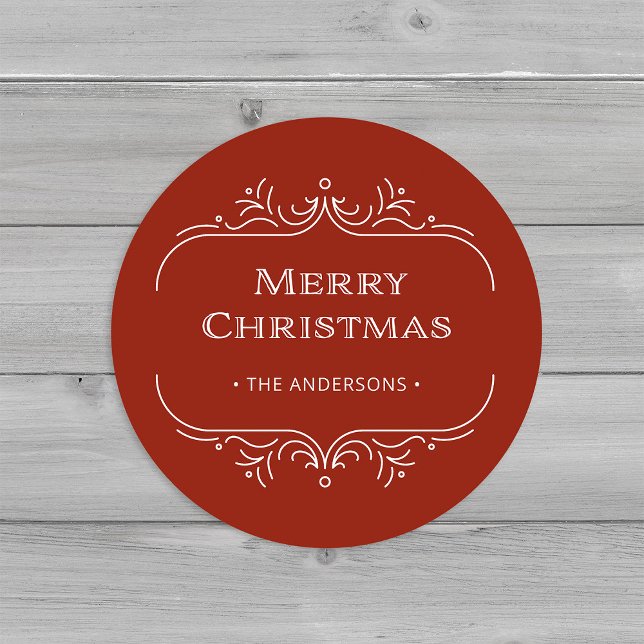 Moderner Deko | Elegant Red Merry Christmas Runder Aufkleber (An elegant, red and white art deco style Christmas sticker)