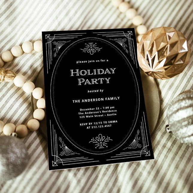 Moderner Deko | Elegante Black Holiday Party Einladung (An elegant, art deco style black holiday party invitation)