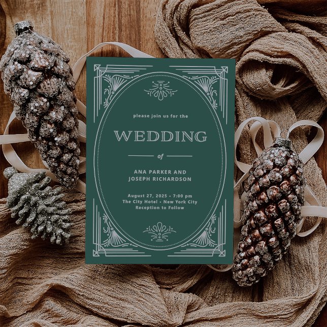 Moderner Deko | Elegante Feiertage Grüne Hochzeit Einladung (An elegant wedding invitation for the holidays in festive green with light silver/white accents)