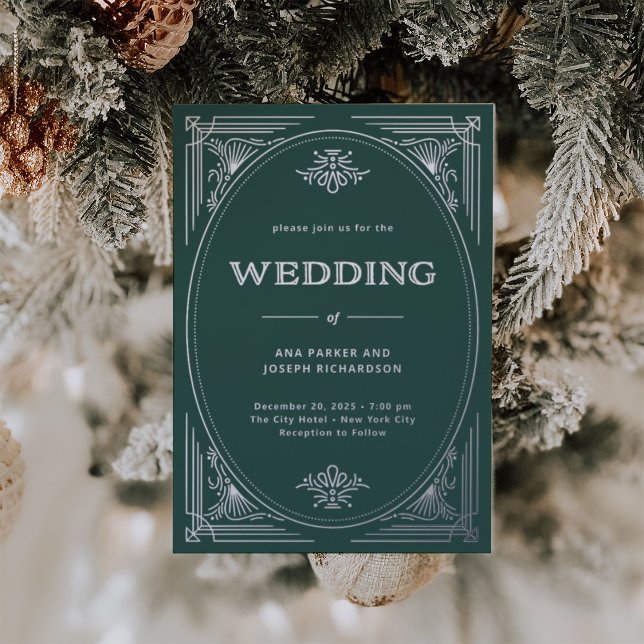 Moderner Deko | Elegante Grüne Hochzeit Folieneinladung (An elegant rich festive green wedding invitation with silver foil accents for the holidays)