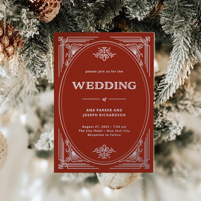 Moderner Deko | Elegante Rote Hochzeit Folieneinladung (An elegant, glamorous Christmas wedding invitation in festive red with silver foil accents)