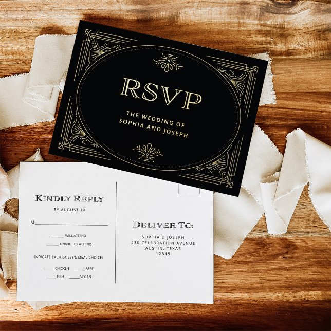 Moderner Deko | Eleganter RSVP für Schwarze und Go Folie Einladungspostkarte (An art deco, gold foil wedding rsvp postcard on dark onyx black is easy for your guests to return)