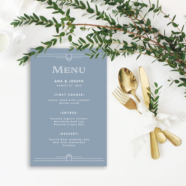 Moderner Deko | Elegantes Dusty Blue Wedding Menu Flyer (Von Creator hochgeladen)