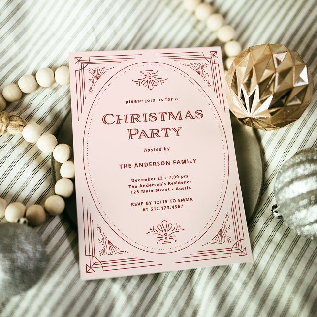 Moderner Deko | Elegantes Rosa und Rotes Weihnacht Einladung (An elegant, blush pink and red art deco style Christmas party invitation)
