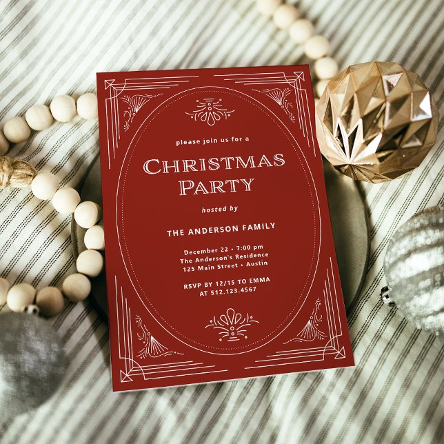 Moderner Deko | Elegantes Weihnachtsfest - Party Einladung (An elegant red art deco Christmas party invitation)