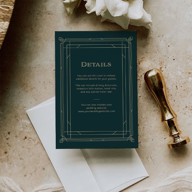 Moderner Deko | Emerald Green Wedding Guest Detail Begleitkarte (An elegant, art deco style detail card for all your wedding information, in rich emerald green.)