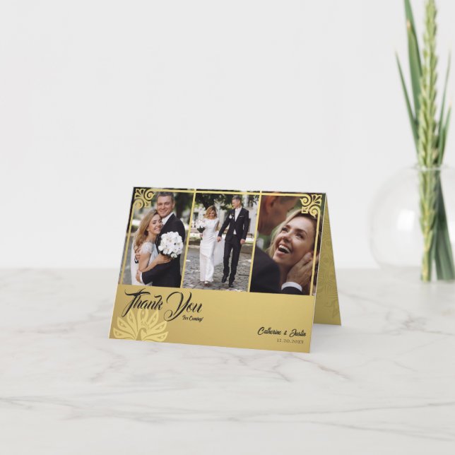 Moderner Deko Gold Pfau 3 Foto eingewickelt Dankeskarte (Vorderseite)