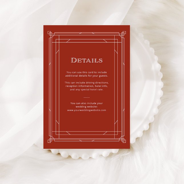 Moderner Deko | Holiday Red Wedding Guest Details Begleitkarte (An elegant, red art deco style guest details card for your holiday wedding.)