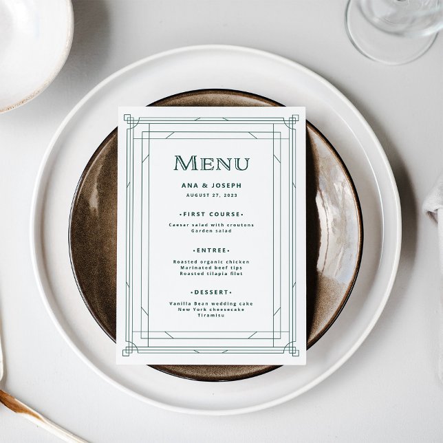 Moderner Deko | Leichte Silber-Weiß- und Grüne Hoc Menükarte (A festive light silver white menu with green accents for your elegant holiday wedding)