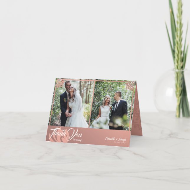 Moderner Deko Rosa Schwan 2 Foto Hochzeit geklappt Dankeskarte (Vorderseite)