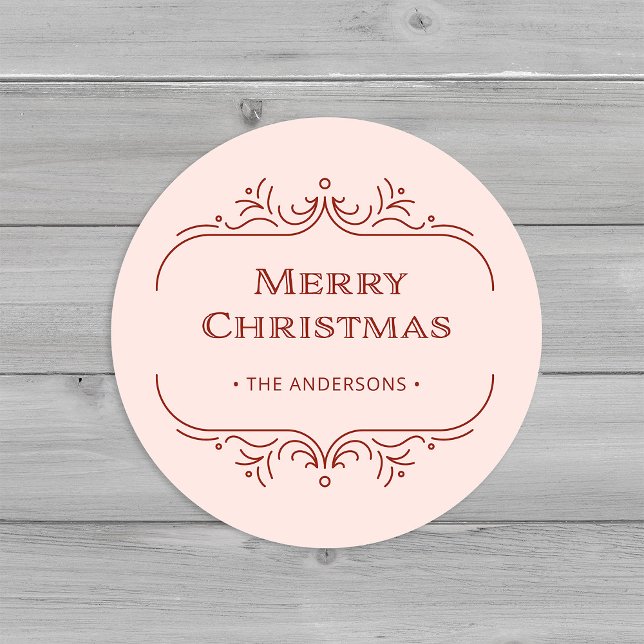 Moderner Deko | Rosa und rot Frohe Weihnachten Runder Aufkleber (An elegant, blush pink and red art deco style Christmas sticker)