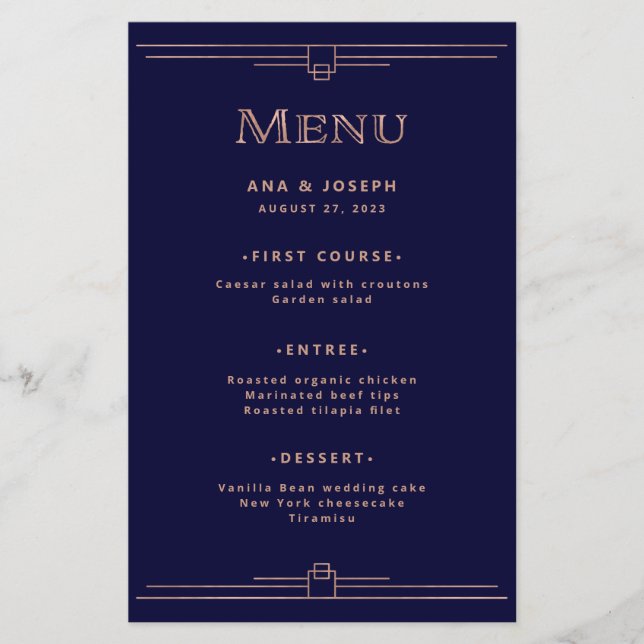 Moderner Deko | Rose Gold auf Blue Wedding Menu Flyer (Vorne)