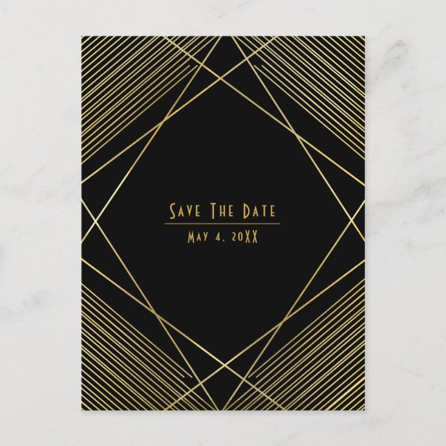 Moderner Deko Save the Date in Gold und Schwarz Ankündigungspostkarte (Vorderseite)