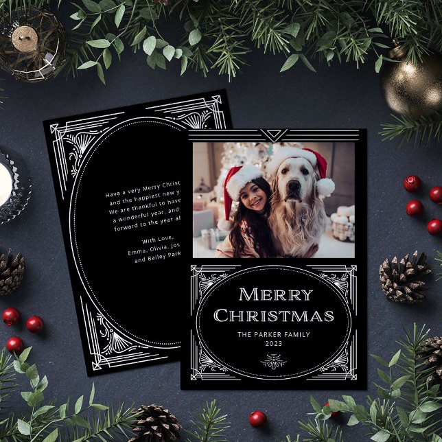 Moderner Deko | Schwarz mit Foto Feiertagskarte (An elegant, art deco style black Christmas card)