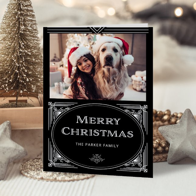 Moderner Deko | Schwarz mit Foto Feiertagskarte (An elegant, dark black holiday card with classic art deco elements)