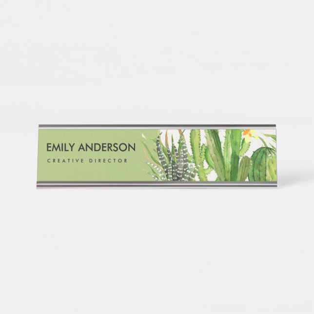 MODERNER DESERT CACTUS FLORAL GARDEN WATERCOLOR SCHREIBTISCHNAMENSPLAKETTE (Vorderseite )
