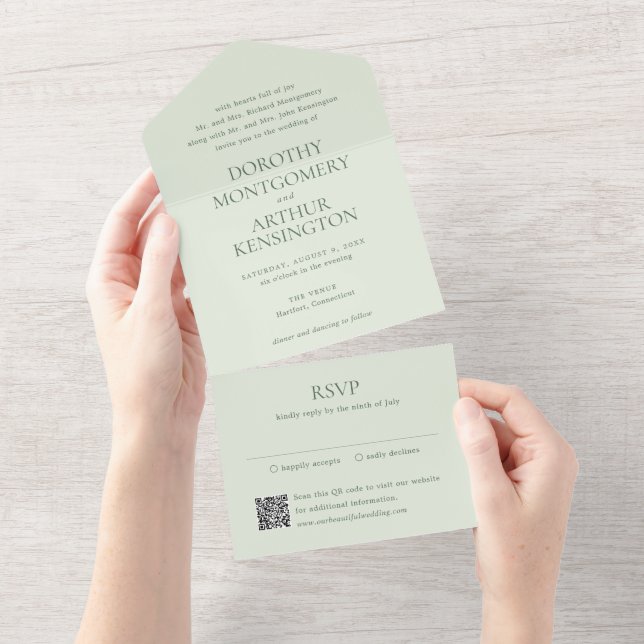 Moderner deutscher QR-Code Elegante Hochzeit All In One Einladung (Abreißen)