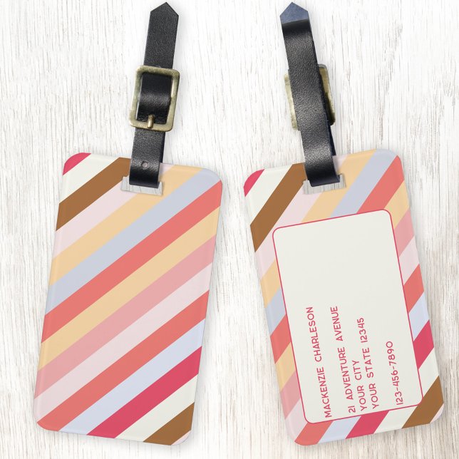 Moderner Diagonal Candy Strip Personalisiert Gepäckanhänger (Muted diagonal candy stripe pattern personalized luggage tag)