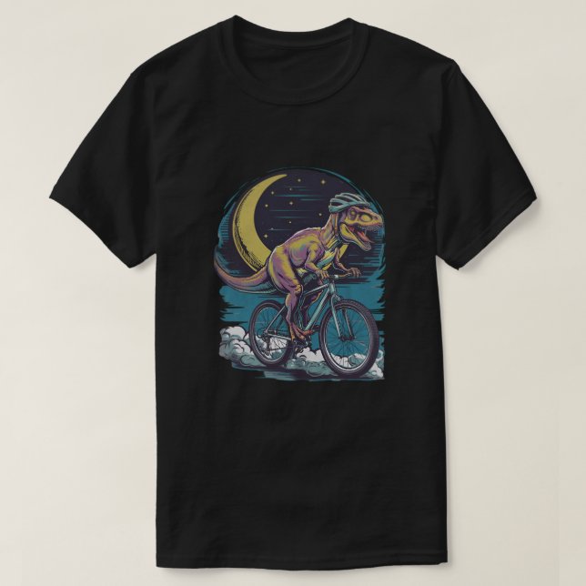 Moderner Dinosaurier auf dem Bike im Himmel mit Mo T-Shirt (Design vorne)