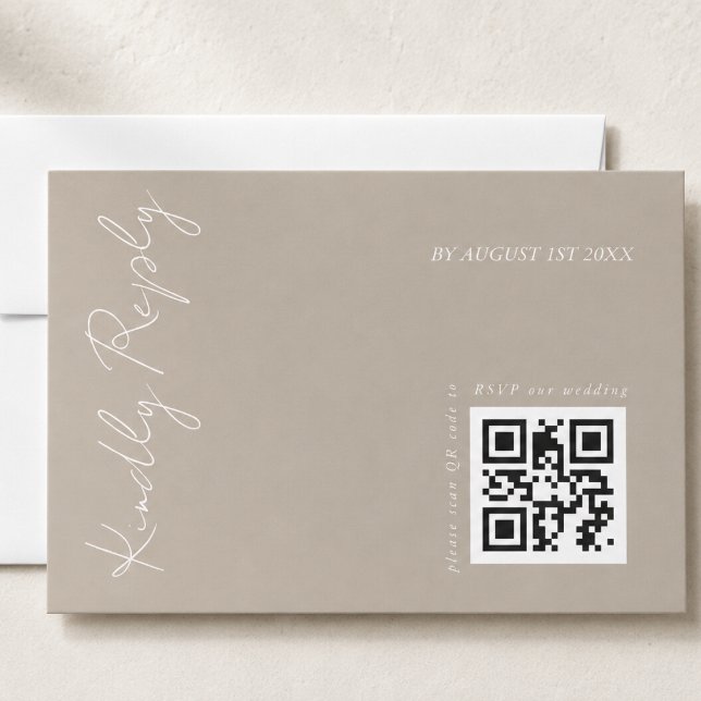 Moderner Dunkelbeige-Hochzeitsstichtag-QR-Code RSVP Karte (Von Creator hochgeladen)