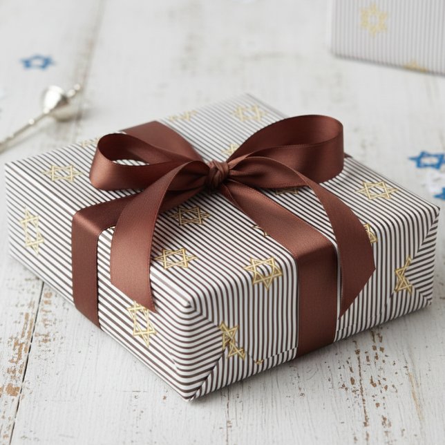 Moderner Dunkelbrauner Jüdischer Goldener Davidste Geschenkpapier (Modern Elegant Dark Brown Stripes Jewish Wrapping Paper for Him for Bar Mitzvah, Mazel Tov, Hanukkah)
