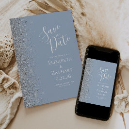 Moderner Dusty Blue Silver Glitzer Save the Date Ankündigung