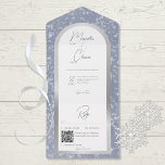 Moderner Dusty Blue & Snow Silver Foil QR Code All In One Einladung<br><div class="desc">AUCH MIT EINEM QR-CODE, DER IM UAWG BEREICH AUSGEWÄHLT WERDEN KANN, ODER OHNE AUSWAHL DES ABENDS. Dieses einfache, aber elegante Hochzeitsinspektionsdesign zeichnet sich durch einen schönen, staubblauen Hintergrund mit sanft fallenden weißen Schneeflocken aus. Der Text wird auf einem gewölbten, weißen Textbereich über einem Imitat mit Silberfolienbogen für extra Winterfunkel angezeigt....</div>