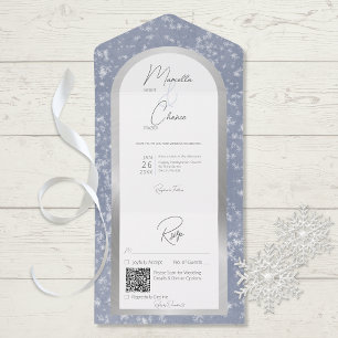Moderner Dusty Blue & Snow Silver Foil QR Code All In One Einladung