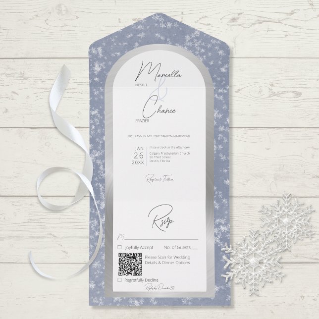Moderner Dusty Blue & Snow Silver Foil QR Code All In One Einladung (Von Creator hochgeladen)