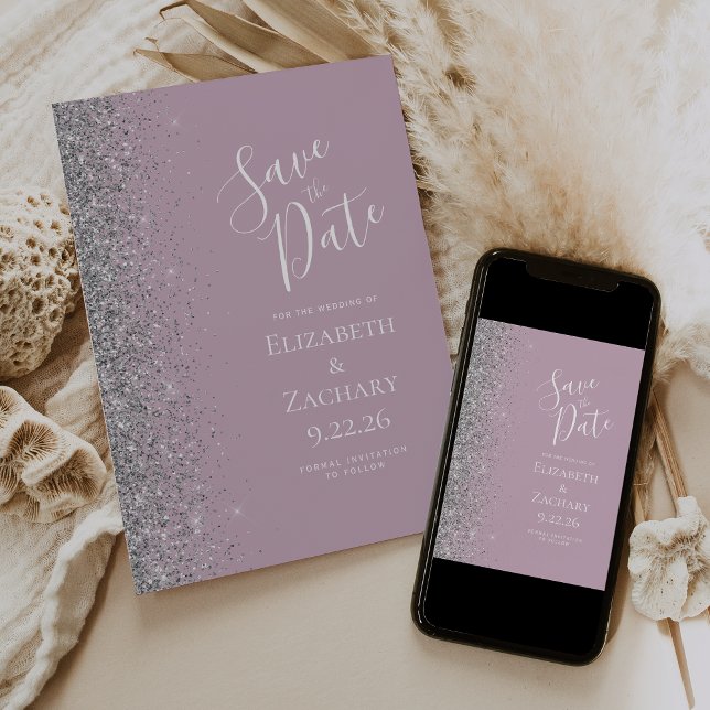 Moderner Dusty Lilac Silver Glitzer Save the Date Ankündigung (Von Creator hochgeladen)