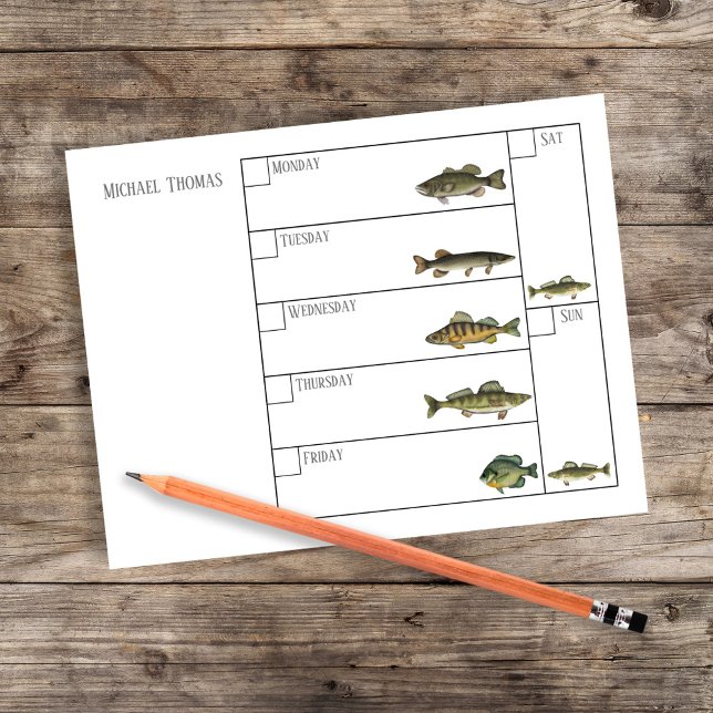 Moderner einfacher Fischer-Wochenkalender Notizblock (Fishing weekly calendar. with the days of the week and freshwater fish.)