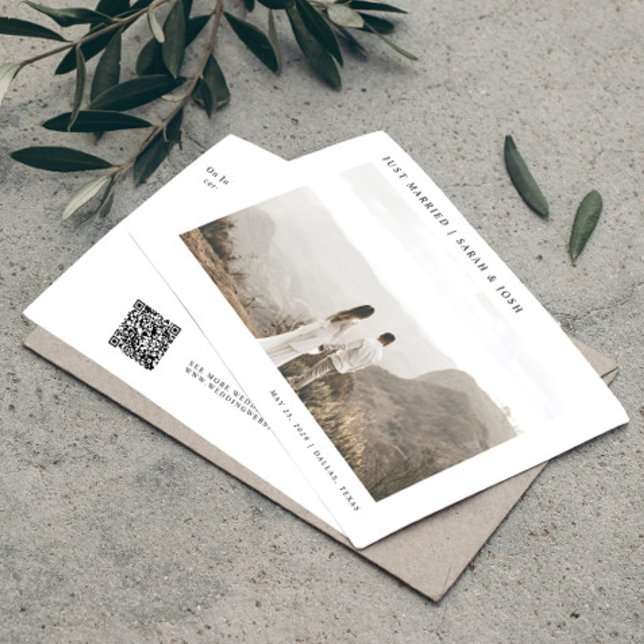 Moderner einfacher QR-Code nur für verheiratete Fo Ankündigung (Easily personalize this elegant, wedding announcement with your favorite photo, message, and QR code)