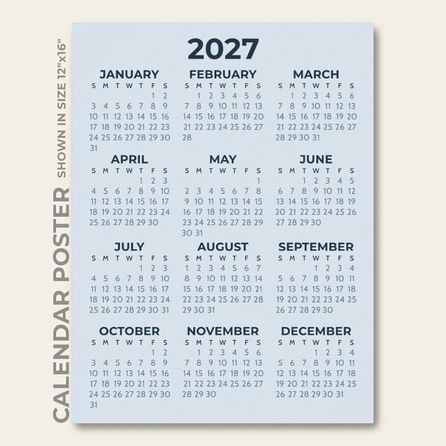 Moderner Einfacher Staubblauer 2027-Kalender Poster (Von Creator hochgeladen)