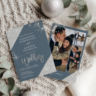 Moderner Eisblau und Silberner Glitzer 3-Foto Hoch Einladung