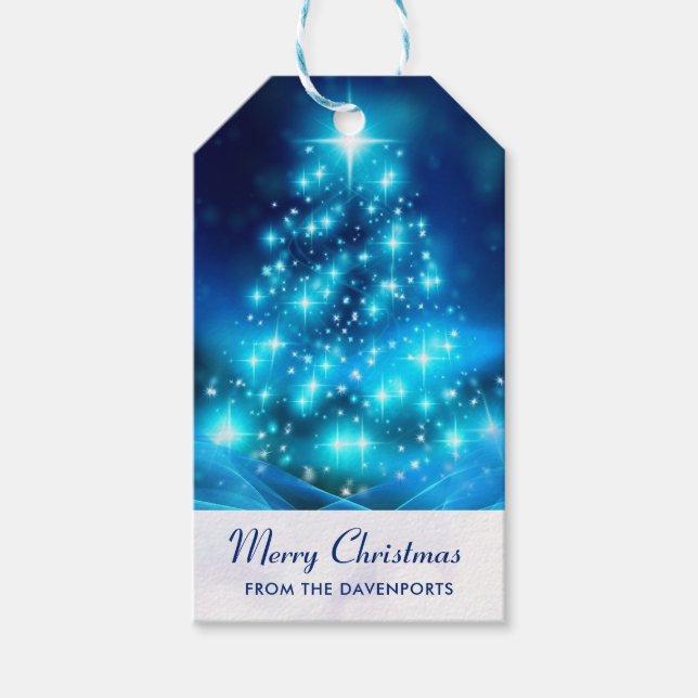 Moderner Electric Blue Christmas Tree mit Licht Geschenkanhänger (Vorderseite)